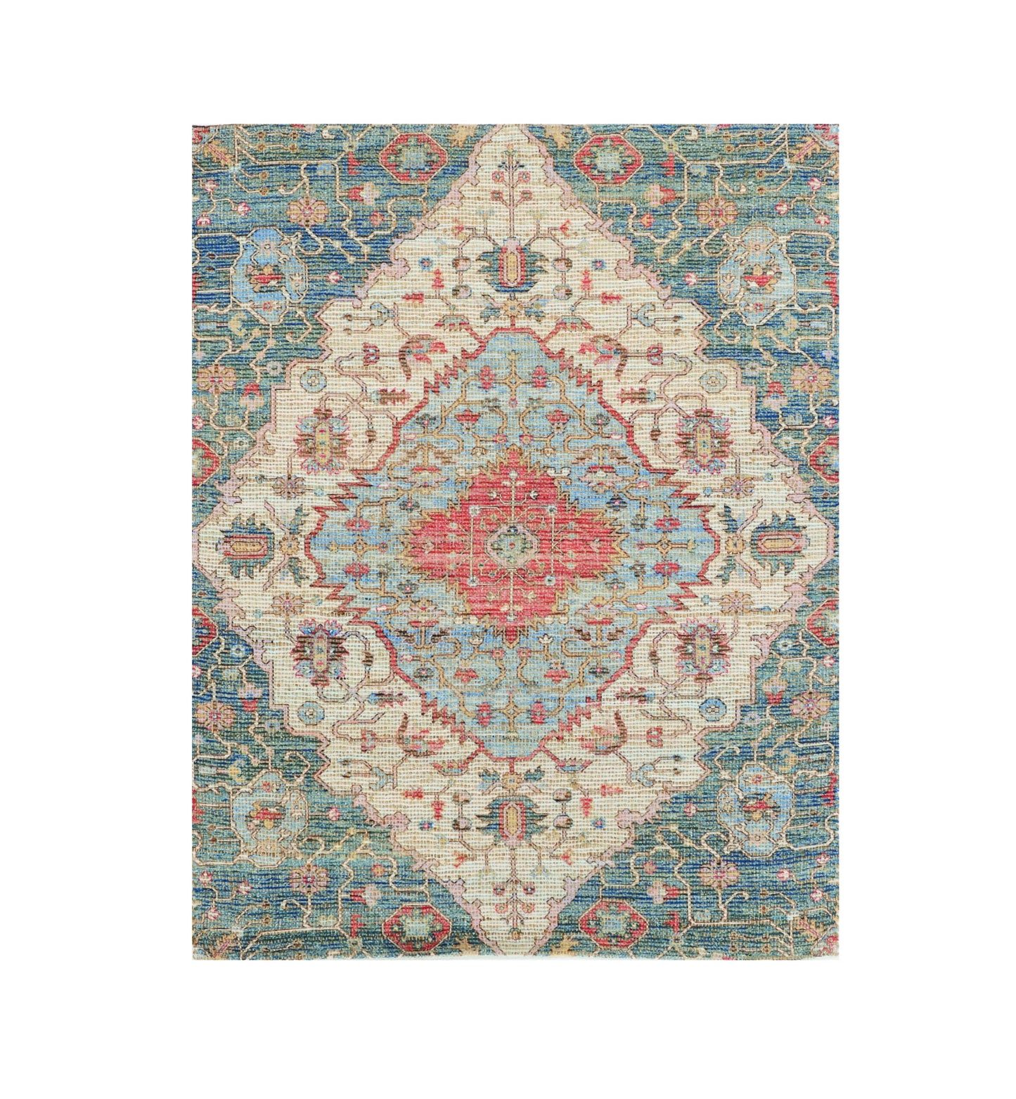 5' X 7' Blue and Beige Medallion Hand Woven Distressed Area Rug