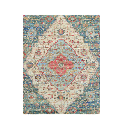 5' X 7' Blue and Beige Medallion Hand Woven Distressed Area Rug