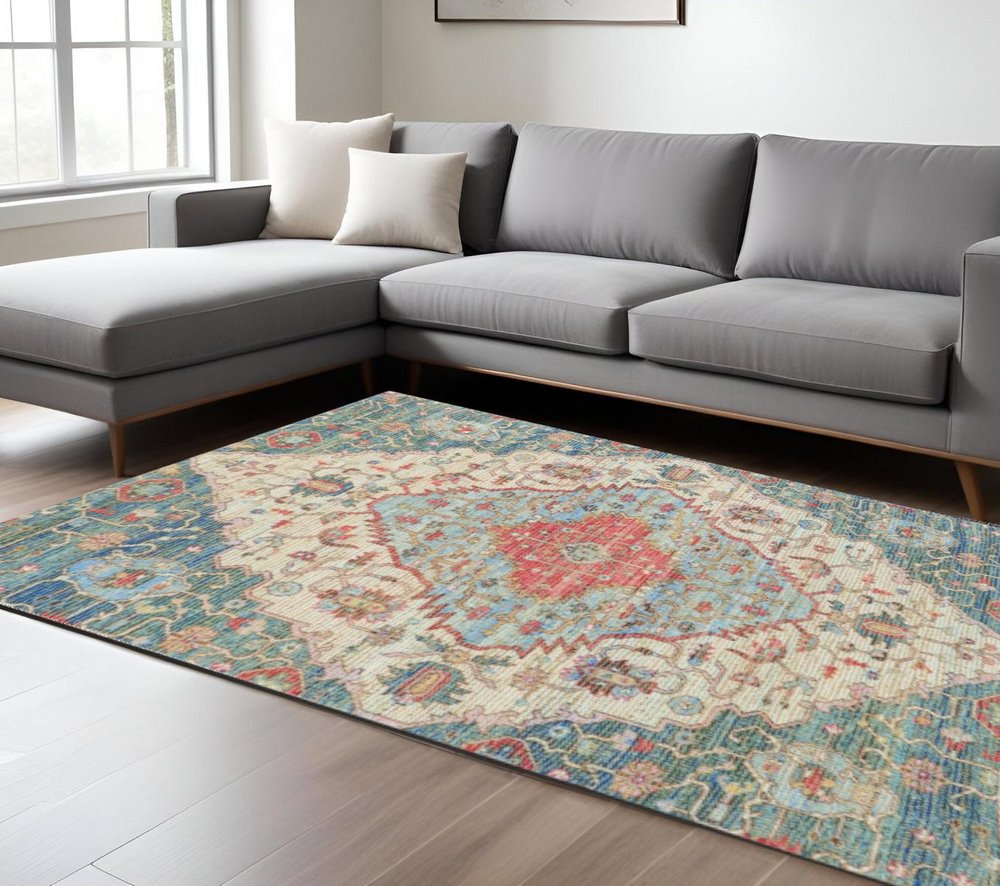 5' X 7' Blue Beige And Brick Red Jute Medallion Hand Woven Distressed Area Rug