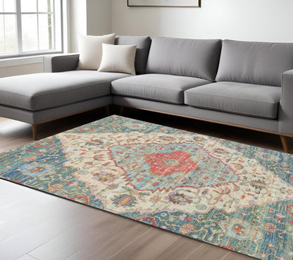 5' X 7' Blue Beige And Brick Red Jute Medallion Hand Woven Distressed Area Rug