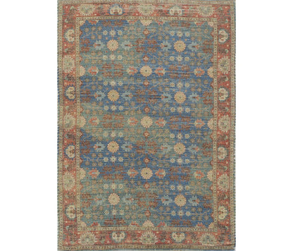 8' X 11' Blue Red And Beige Jute Floral Medallion Handmade Area Rug