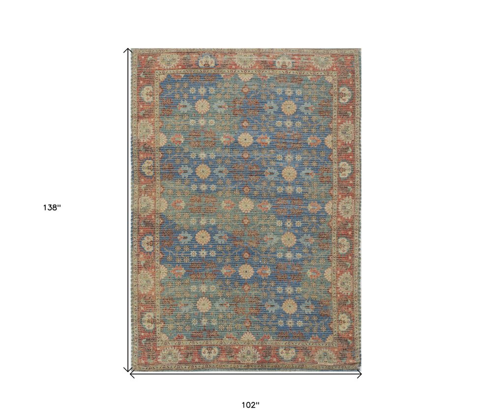 8' X 11' Blue Red And Beige Jute Floral Medallion Handmade Area Rug