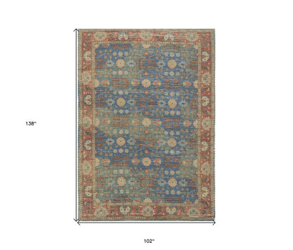 8' X 11' Blue Red And Beige Jute Floral Medallion Handmade Area Rug