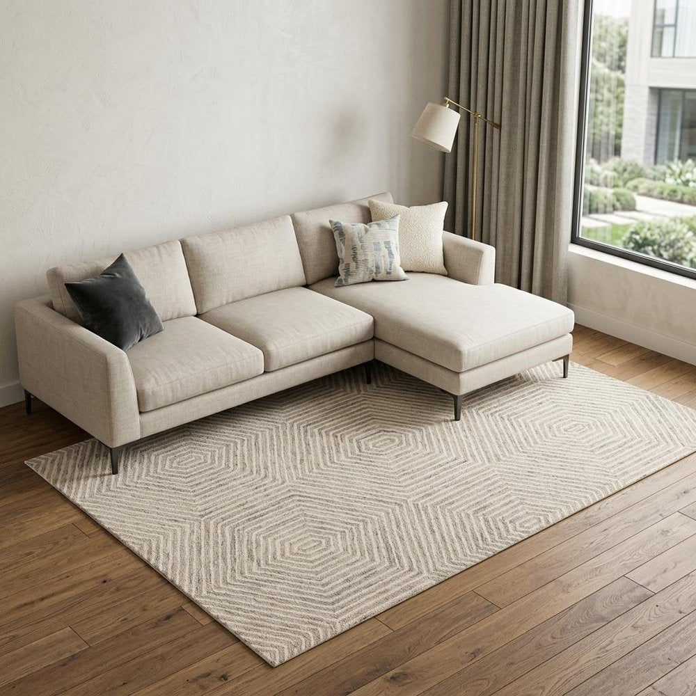 9' X 12' Sand Beige Wool Geometric Hand Tufted Area Rug