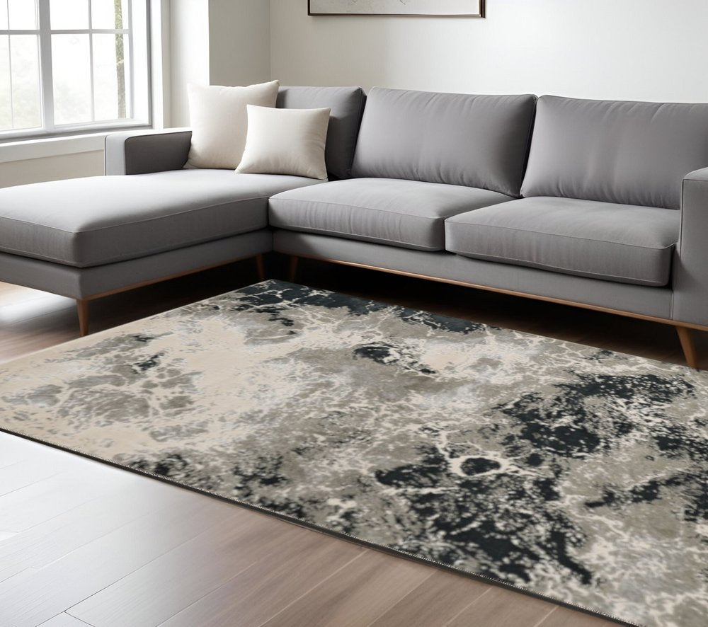 7' X 10' Black And Silver Abstract Area Rug