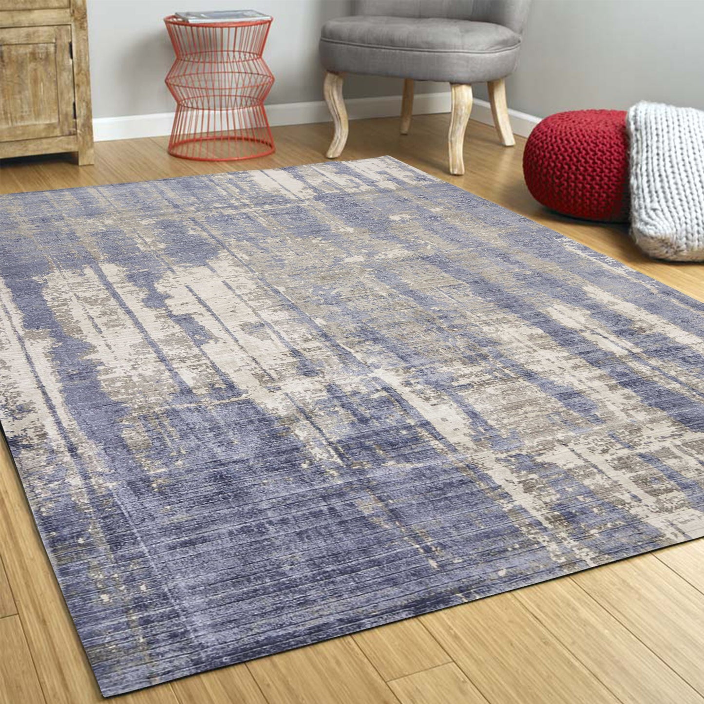 5' X 7' Grey Blue Hand Loomed Abstract Brushstroke Indoor Area Rug