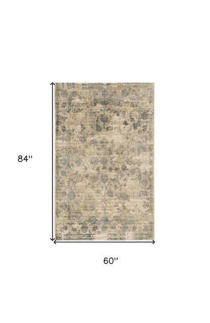 5' X 7' Beige And Blue Floral Medallion Hand Loomed Area Rug