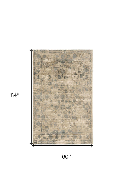 5' X 7' Beige And Blue Floral Medallion Hand Loomed Area Rug