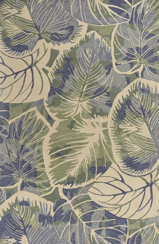 10' Blue Green And Beige Wool Tropical Botanical Hand Tufted Runner Rug