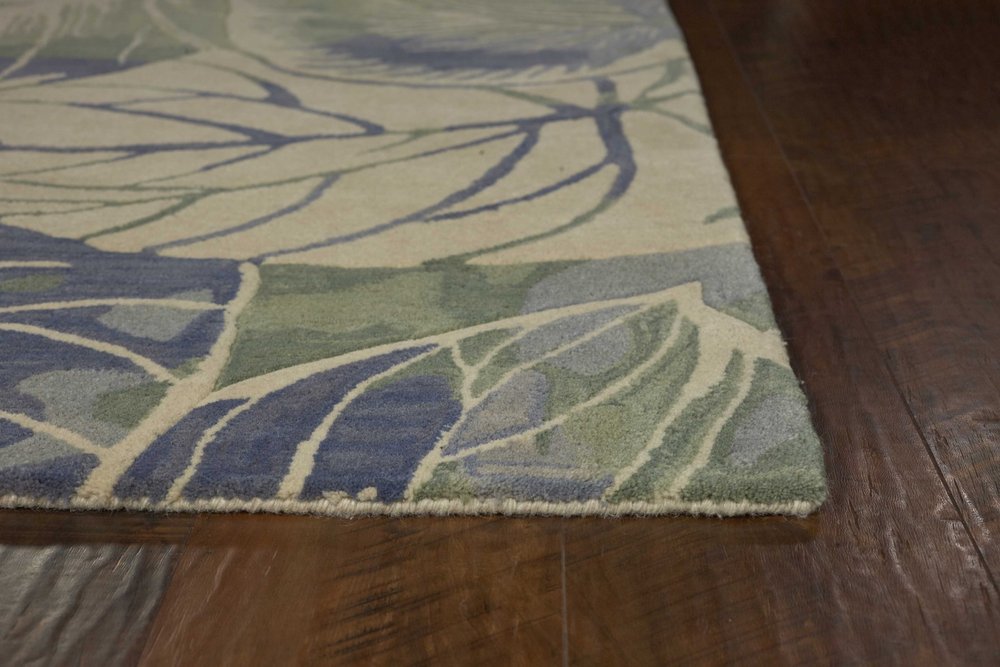 10' Blue Green And Beige Wool Tropical Botanical Hand Tufted Runner Rug