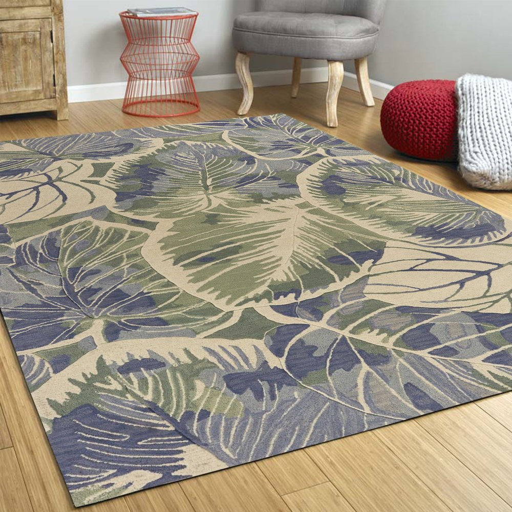 3' X 5' Blue Green And Beige Wool Tropical Botanical Hand Tufted Area Rug