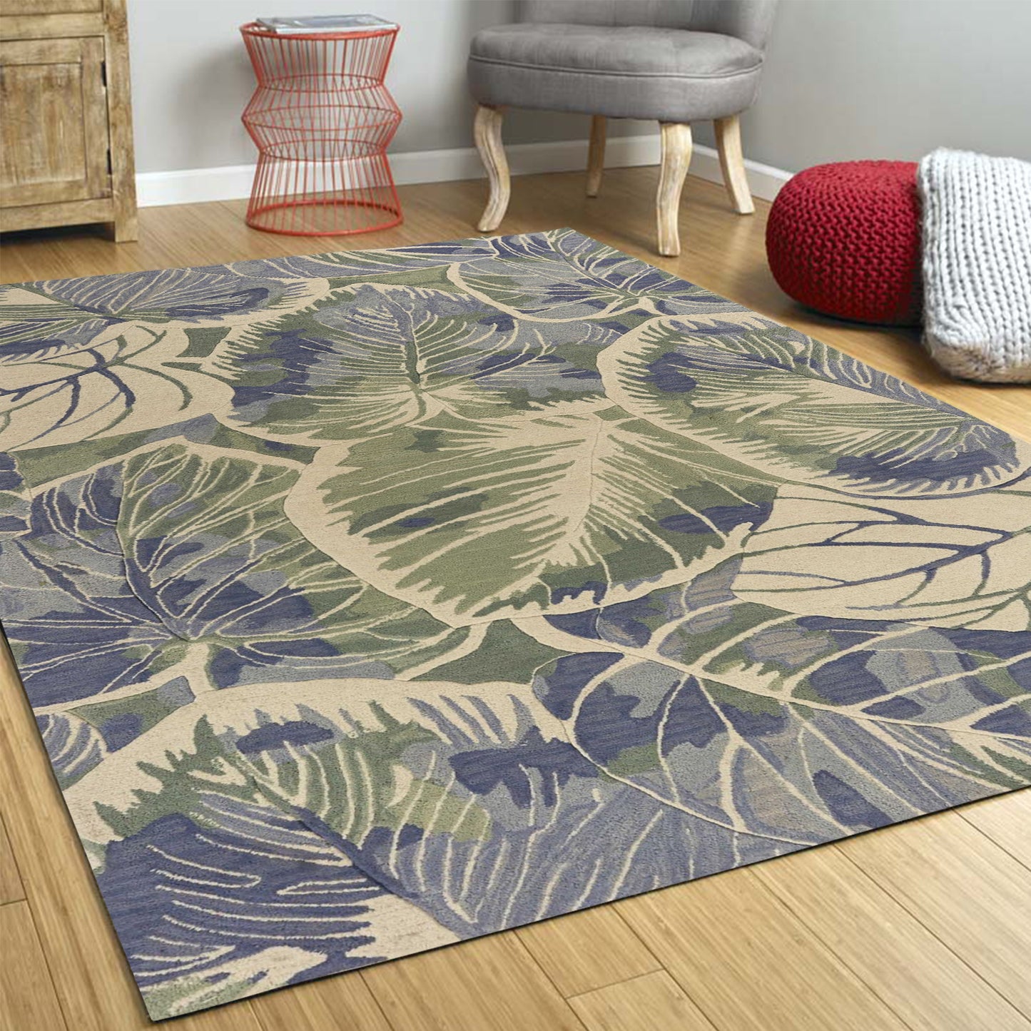 3' X 5' Blue Green And Beige Wool Tropical Botanical Hand Tufted Area Rug