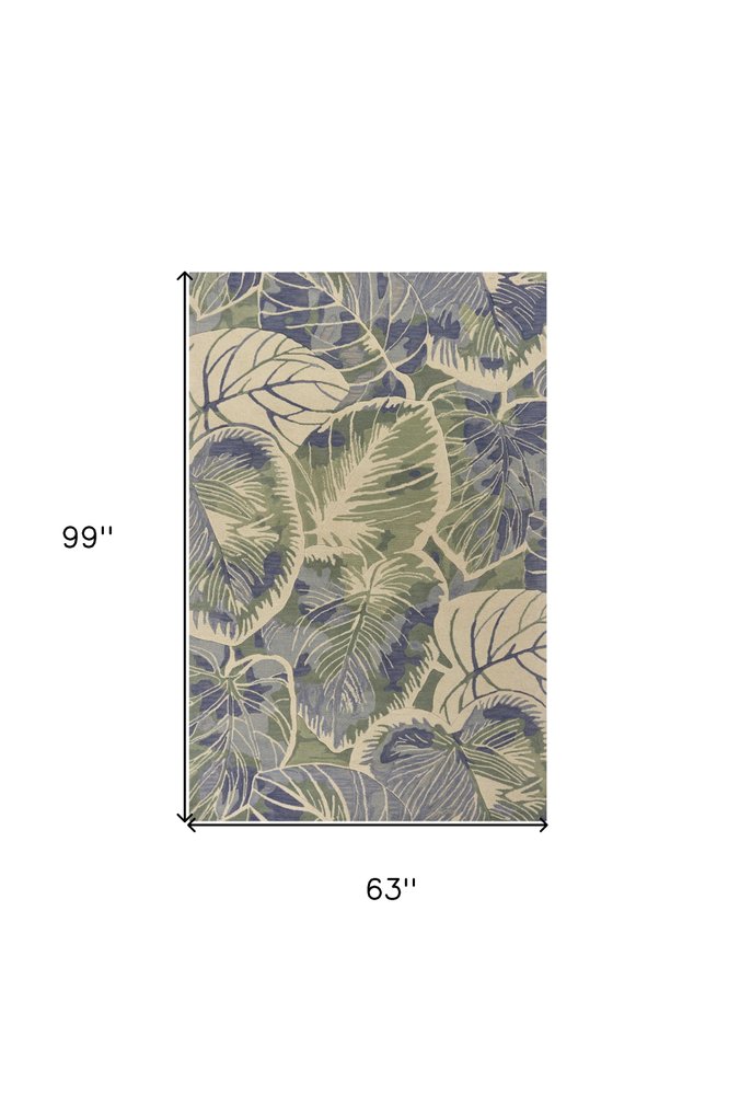 10' Blue Green And Beige Wool Tropical Botanical Hand Tufted Runner Rug