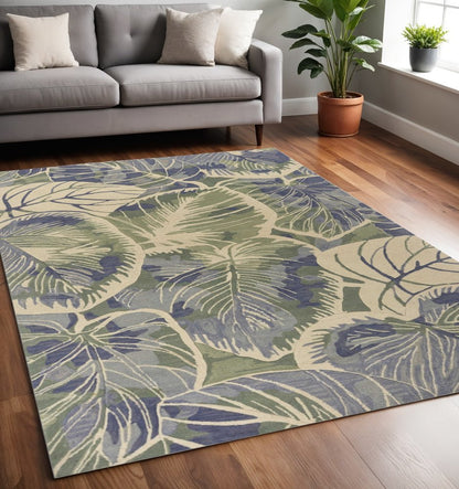 10' Blue Green And Beige Wool Tropical Botanical Hand Tufted Runner Rug