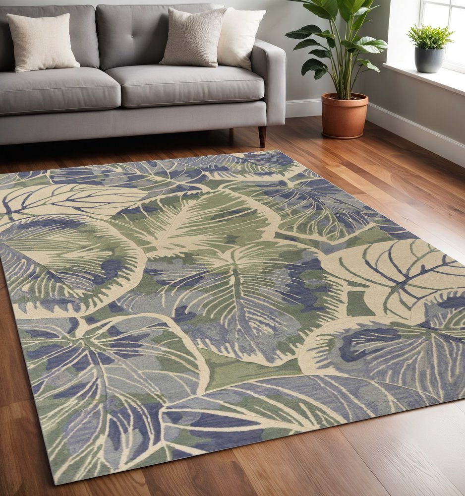 3' X 5' Blue Green And Beige Wool Tropical Botanical Hand Tufted Area Rug
