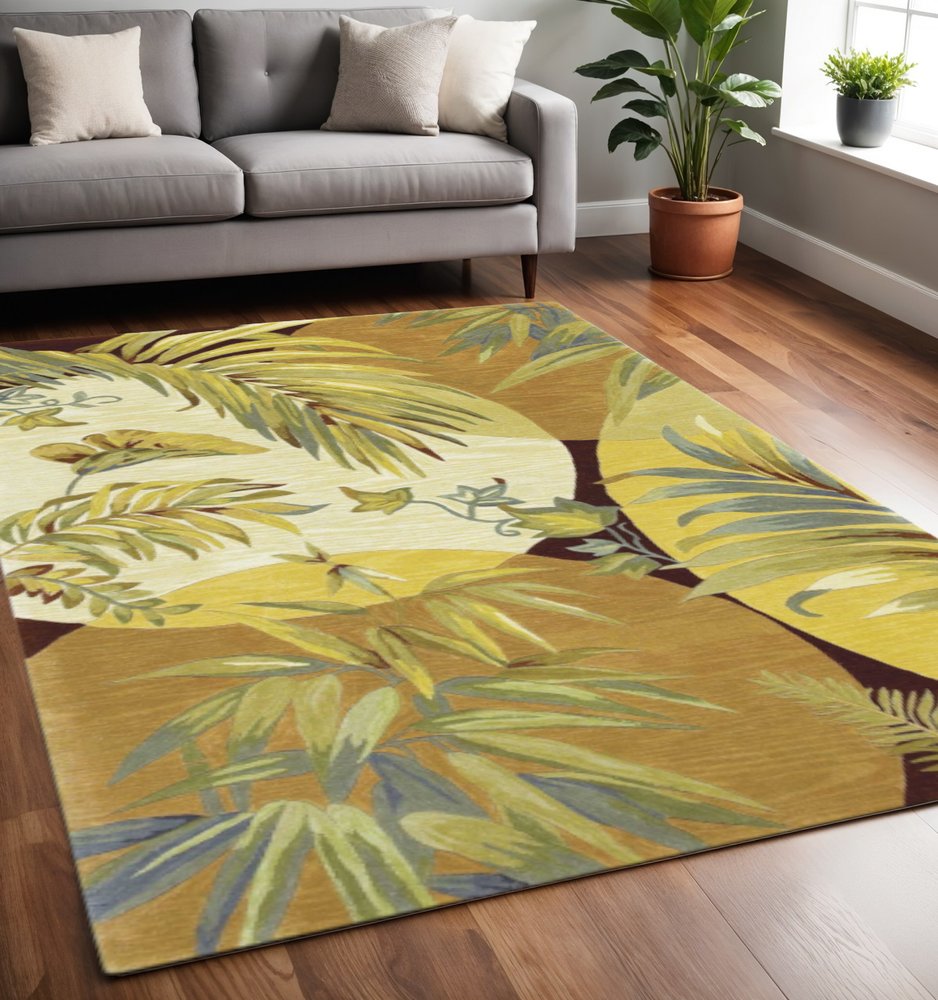 8' X 11' Coral Green And Ivory Wool Tropical Botanical Hand Tufted Area Rug