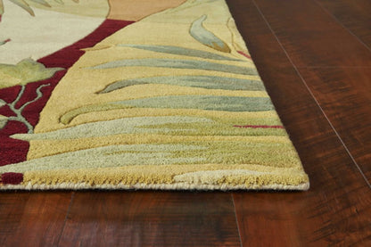 8' X 11' Coral Green And Ivory Wool Tropical Botanical Hand Tufted Area Rug