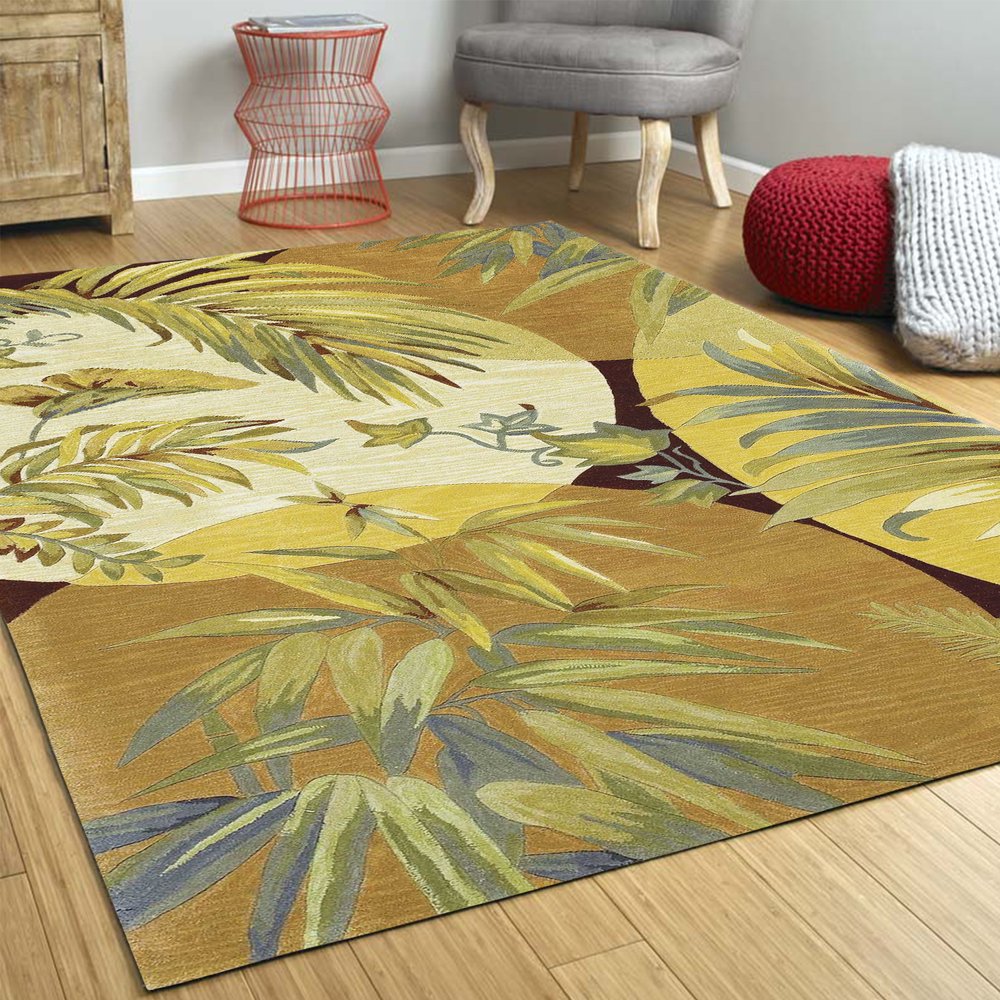 5' X 8' Coral Green And Ivory Wool Tropical Botanical Hand Tufted Area Rug