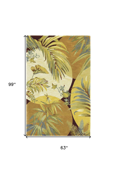 4' X 6' Coral Green And Ivory Wool Tropical Botanical Hand Tufted Area Rug