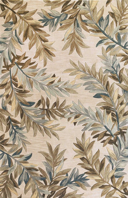 5' X 8' Ivory Brown And Blue Wool Botanical Leaves Hand Tufted Area Rug
