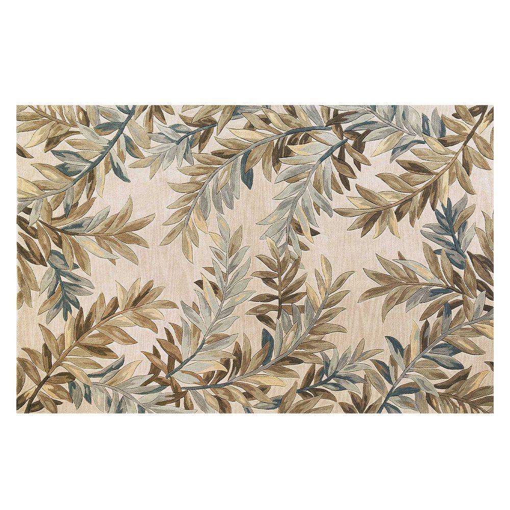 5' X 8' Ivory Brown And Blue Wool Botanical Leaves Hand Tufted Area Rug