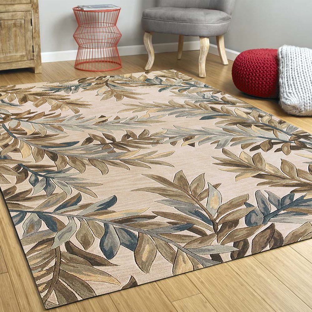 7' Ivory Brown And Blue Wool Botanical Leaves Hand Tufted Round Rug