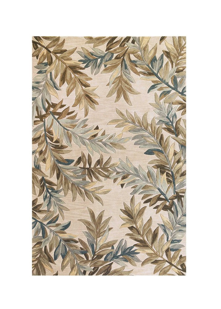 7' X 9' Ivory Brown And Blue Wool Botanical Leaves Hand Tufted Area Rug
