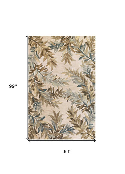 5' X 8' Ivory Brown And Blue Wool Botanical Leaves Hand Tufted Area Rug