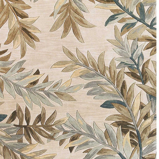3' X 5' Ivory Brown And Blue Wool Botanical Leaves Hand Tufted Area Rug