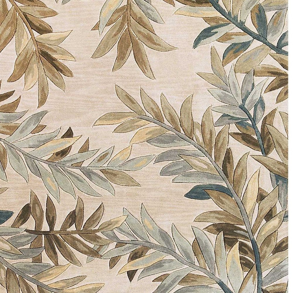 5' X 8' Ivory Brown And Blue Wool Botanical Leaves Hand Tufted Area Rug