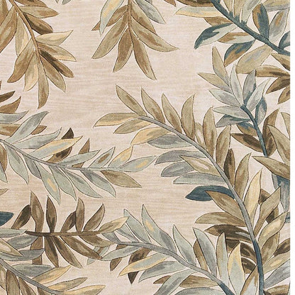 5' X 8' Ivory Brown And Blue Wool Botanical Leaves Hand Tufted Area Rug