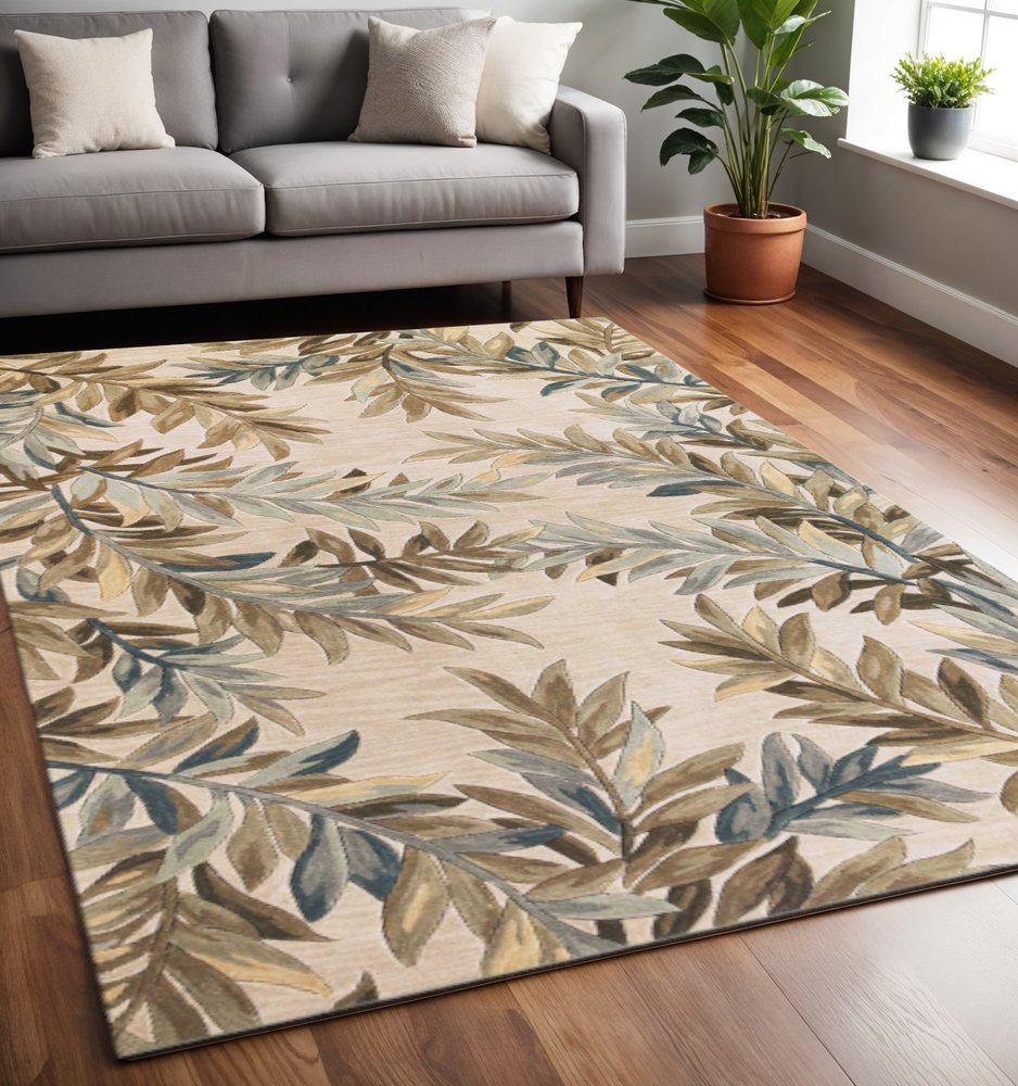 7' X 9' Ivory Brown And Blue Wool Botanical Leaves Hand Tufted Area Rug
