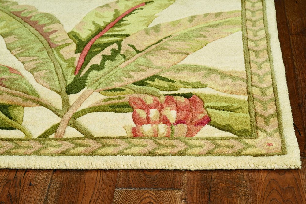 5' X 8' Ivory Green And Brown Wool Tropical Botanical Hand Tufted Area Rug