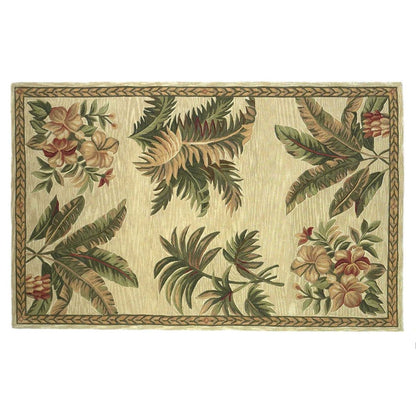 5' X 8' Ivory Green And Brown Wool Tropical Botanical Hand Tufted Area Rug
