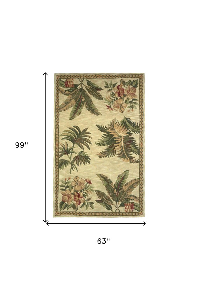 5' X 8' Ivory Green And Brown Wool Tropical Botanical Hand Tufted Area Rug
