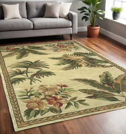 5' X 8' Ivory Green And Brown Wool Tropical Botanical Hand Tufted Area Rug