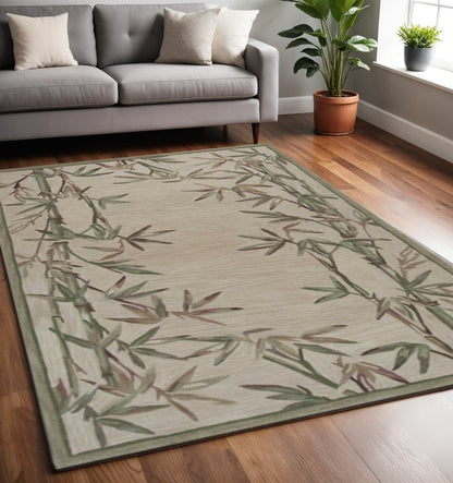 10' Ivory Green And Brown Wool Botanical Leaves Hand Tufted Runner Rug