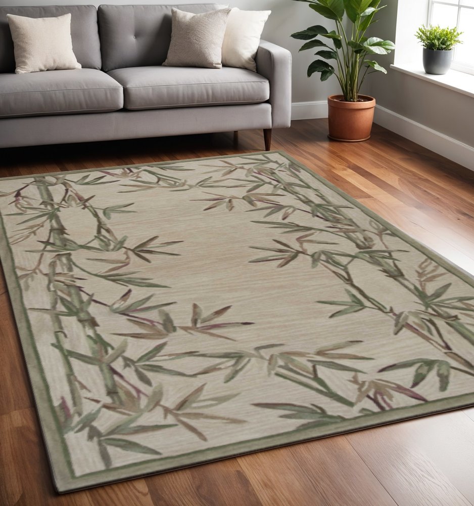 5' X 8' Ivory Green And Brown Wool Botanical Leaves Hand Tufted Area Rug