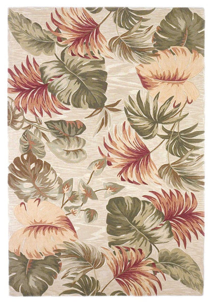 7' X 9' Beige Green And Pink Wool Botanical Leaves Hand Tufted Area Rug