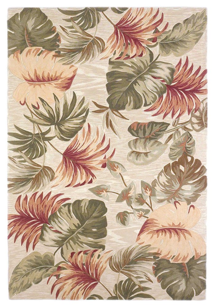 7' X 9' Beige Green And Pink Wool Botanical Leaves Hand Tufted Area Rug
