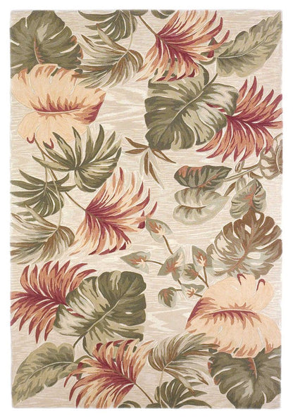 7' X 9' Beige Green And Pink Wool Botanical Leaves Hand Tufted Area Rug
