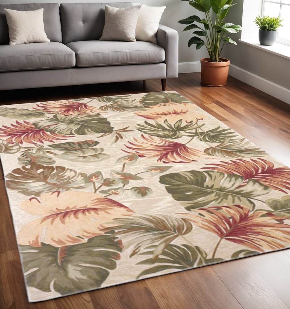 9' X 12' Beige Green And Pink Wool Botanical Leaves Hand Tufted Area Rug