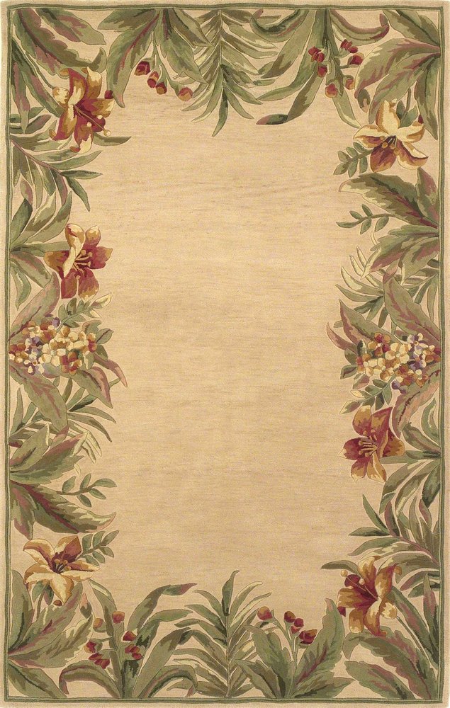 5' X 8' Beige Red And Green Wool Tropical Floral Hand Tufted Area Rug