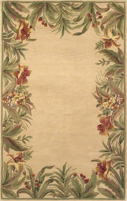 5' X 8' Beige Red And Green Wool Tropical Floral Hand Tufted Area Rug