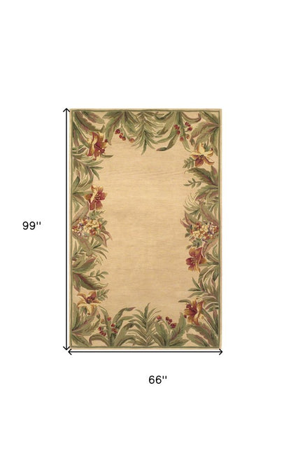 5' X 8' Beige Red And Green Wool Tropical Floral Hand Tufted Area Rug