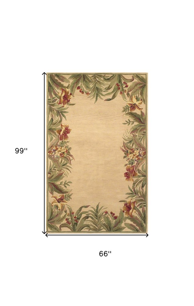 5' X 8' Beige Red And Green Wool Tropical Floral Hand Tufted Area Rug