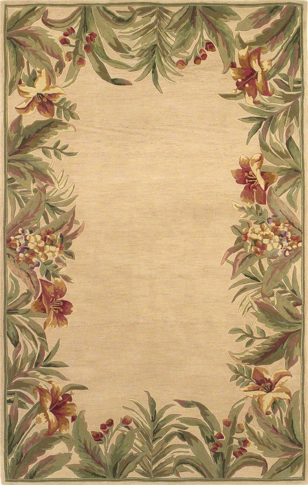 5' X 8' Beige Red And Green Wool Tropical Floral Hand Tufted Area Rug