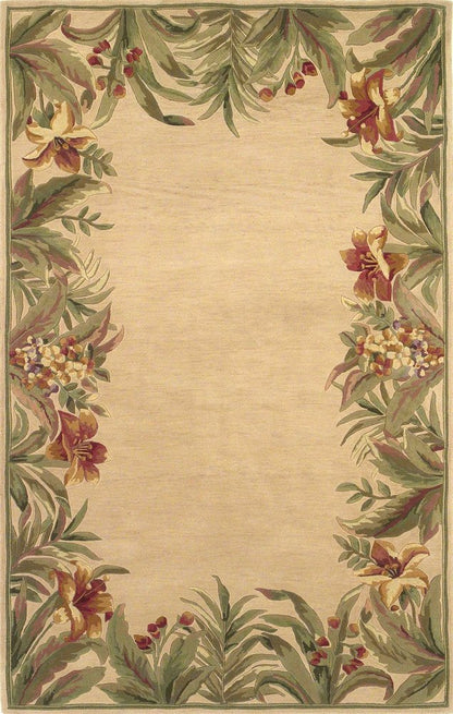 5' X 8' Beige Red And Green Wool Tropical Floral Hand Tufted Area Rug