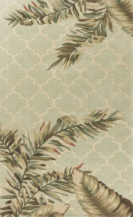 5' X 8' Sage Taupe And Green Wool Tropical Botanical Hand Tufted Area Rug