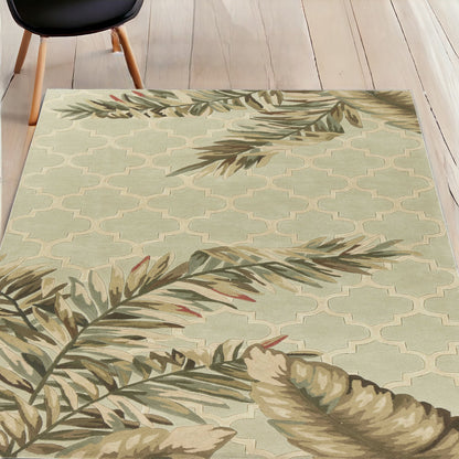 2' X 10' Sage Tropical Leaves Mosaic Wool Indoor Runner Rug